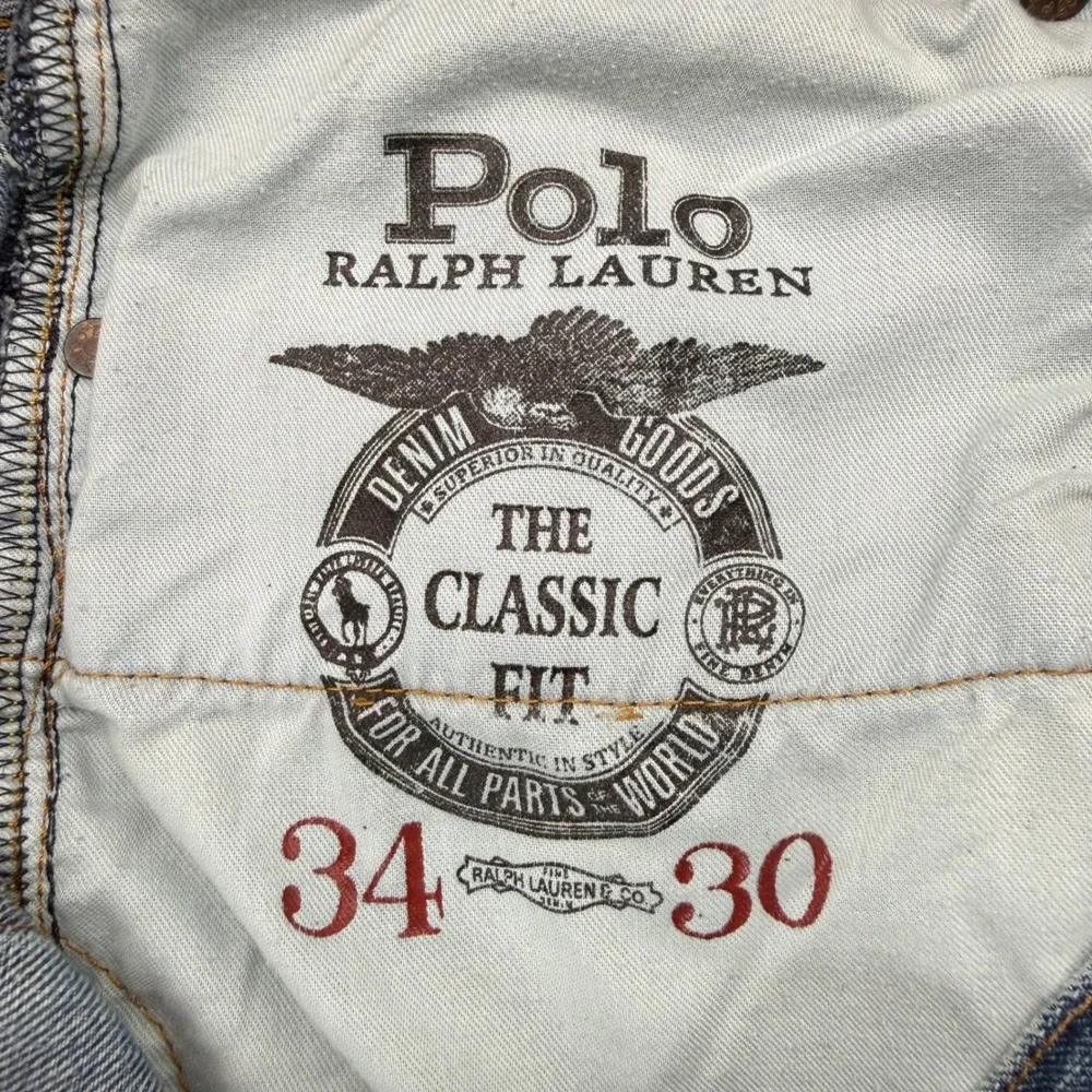 Polo Ralph Lauren Jeans Mens 34 Blue Classic Fit Distressed Military Patches